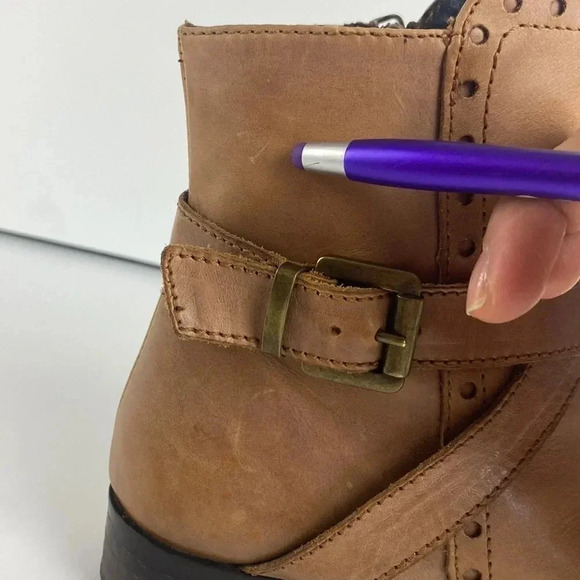Brown tan genuine leather eyelet buckle low heel round toe ankle bootie sz 36 - Picture 17 of 17
